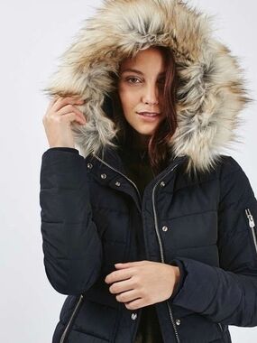 Topshop Women’s Navy Blue Puffer Coat with Faux Fur Hood-rare